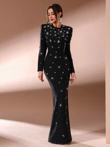 Elisanya Váy dài tay đơn giản, trang trí đá quý màu trơn cho nữ, váy dạ hội trang trọng thanh lịch màu đen, dành cho khách dự tiệc cưới, tốt nghiệp, tiệc tối - màu đen - Xem 1