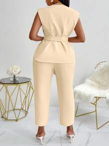 Plus Size Summer Business Solid Color Vest & Pants Suit - Apricot - View 3