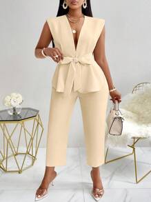 Plus Size Summer Business Solid Color Vest & Pants Suit - Apricot - View 2