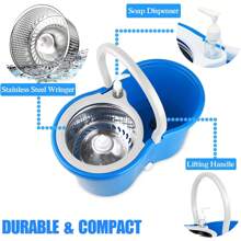 Spin Mop Bucket 360° With Wringer Set, Mop And Bucket Set,  Stainless Steel Mop System, 3 Absorbent Microfiber Mop Head Eefills, For Household Kitchen Floor Cleaning - Màu xanh lam - Xem 9