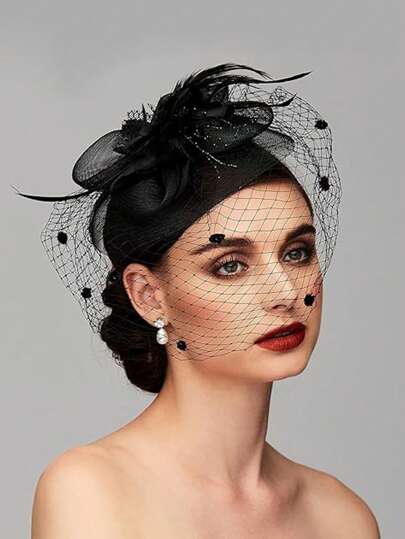1 件装头饰帽子茶会帽网眼花卉羽毛发夹女式头饰带面纱适用于婚礼鸡尾酒万圣节女巫