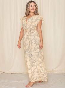 Retro Boho Woven Floral Pink Yellow Maxi Surplice Wrap Sah Dress Front Tie Flutter Sleeve - 黃色 - 查看 3