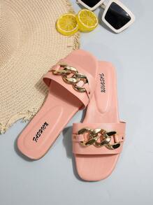 Women's Pink Strap Slip-On Slippers, Comfortable And Fashionable Summer House Slippers With Chain Buckle - Pink - View 7