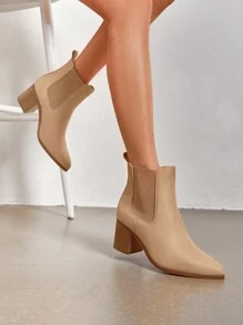 Women's Retro Elastic Chelsea Ankle Boots Fashion Low Chunky Block Heel Pointed Toe Fall Heeled Booties Shoes - 米色 - 查看 2