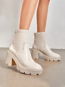 Women's Chelsea Platform Boots Elastic Chunky Heel Lug Sole Ankle Booties Shoes - 白色-PU - 查看 7