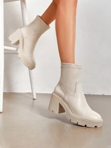 Women's Chelsea Platform Boots Elastic Chunky Heel Lug Sole Ankle Booties Shoes - 白色-PU - 查看 8