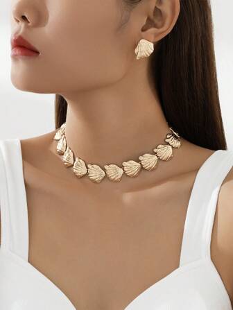 3 pièces Ensemble de collier et boucles d'oreilles en alliage exagéré de vie océanique bohème avec coquillage, collier ras-du-cou de plage pour femmes, cadeau pour elle