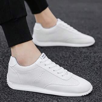 White Men's Casual Sneakers, New Soft Sole Lightweight Sports Shoes, Flat Lace-Up Trainers For Male Youth Students