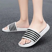 (Couple Style) Men's Simple Fashion Striped Plus Size Open Toe Slide Sandals, EVA Soft Sole Bathroom Beach Slippers, Suitable For Indoor And Outdoor Wear, Size 36-50, Unisex - White - View 10