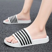 (Couple Style) Men's Simple Fashion Striped Plus Size Open Toe Slide Sandals, EVA Soft Sole Bathroom Beach Slippers, Suitable For Indoor And Outdoor Wear, Size 36-50, Unisex - White - View 11