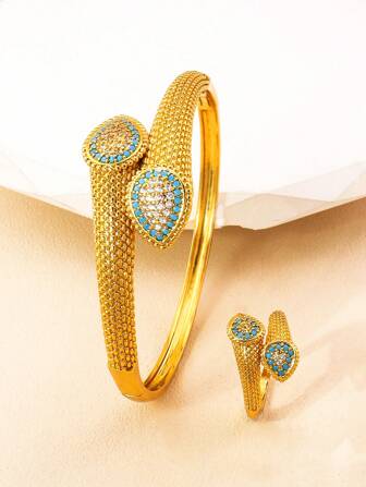 2 件/套简约精致水滴设计手镯戒指方晶锆石叶子装饰可打开黄金首饰套装适合女性日常礼物