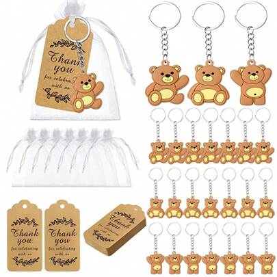 72 Llaveros De Osos Regalos Para Decorativos De Baby Shower recuerdos de fiesta de oso,recuerdos para baby shower, incluidos lindos llaveros de fiesta con estampado de dibujos animados, bolsa de organza y tarjeta de papel de agradecimiento para fiestas temáticas, suministros de fiesta de cumpleaños colgante de bolsa para adultos
