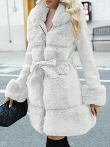 Giolshon Women's Winter Jacket, Wool Blend Fabric, Decorated With Belt And Faux Fur, Fashionable And Versatile, Suitable For Outdoor Adventure, Commuting And Casual Wear - 白色 - 查看 5