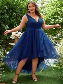 Plus High Low Hem Mesh Overlay Dress - Navy Blue - View 4