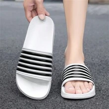 (Couple Style) Men's Simple Fashion Striped Plus Size Open Toe Slide Sandals, EVA Soft Sole Bathroom Beach Slippers, Suitable For Indoor And Outdoor Wear, Size 36-50, Unisex - White - View 9