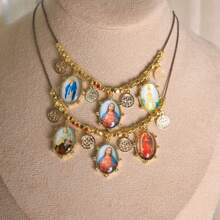1pc,  Virgin Mary Jesus And Baby Necklace Oval Shape Glass Cabochon Photo Dome Long Cord Choker Collar Christian Jewelry