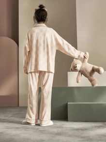 2 pièces/Ensemble Ensemble de Lounge femme imprimé ours à carreaux, haut à manches longues et pantalon, ensemble deux pièces