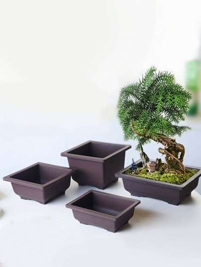 1セット レトロ調 プラスチック製 盆栽鉢 トレイ付き、多肉植物や園芸