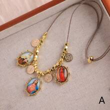 1pc,  Virgin Mary Jesus And Baby Necklace Oval Shape Glass Cabochon Photo Dome Long Cord Choker Collar Christian Jewelry