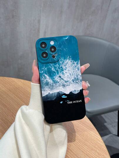 1pc TPU Matte Black Seascape Pattern Protective Phone Case Compatible With Apple Series, Samsung A/S Series, Xiaomi Redmi Note Series, OPPO A/Reno Series, INFINIX Series, Random Camera Hole Design