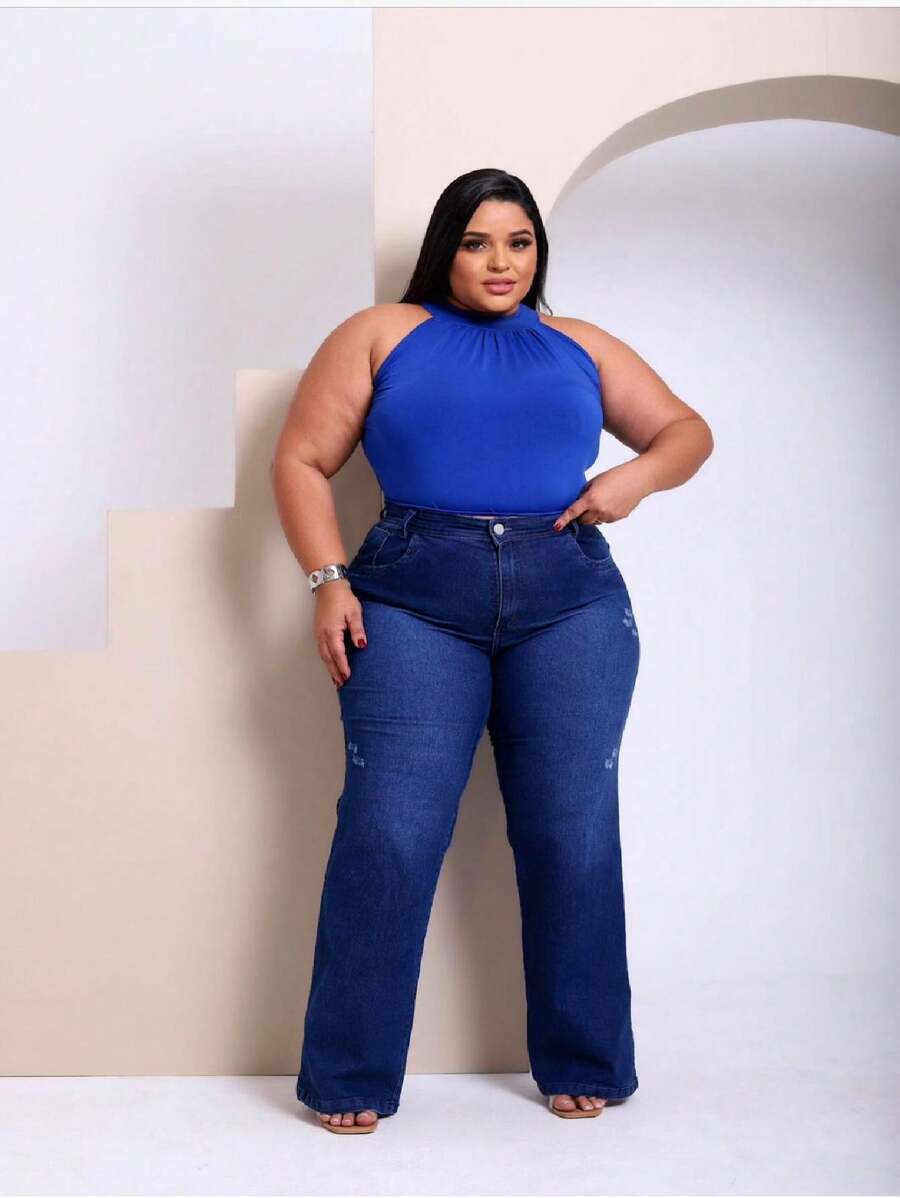 Wide Leg Plus Size With Lycra High Waist Dark Wash - 深色水洗藍 - 查看 1