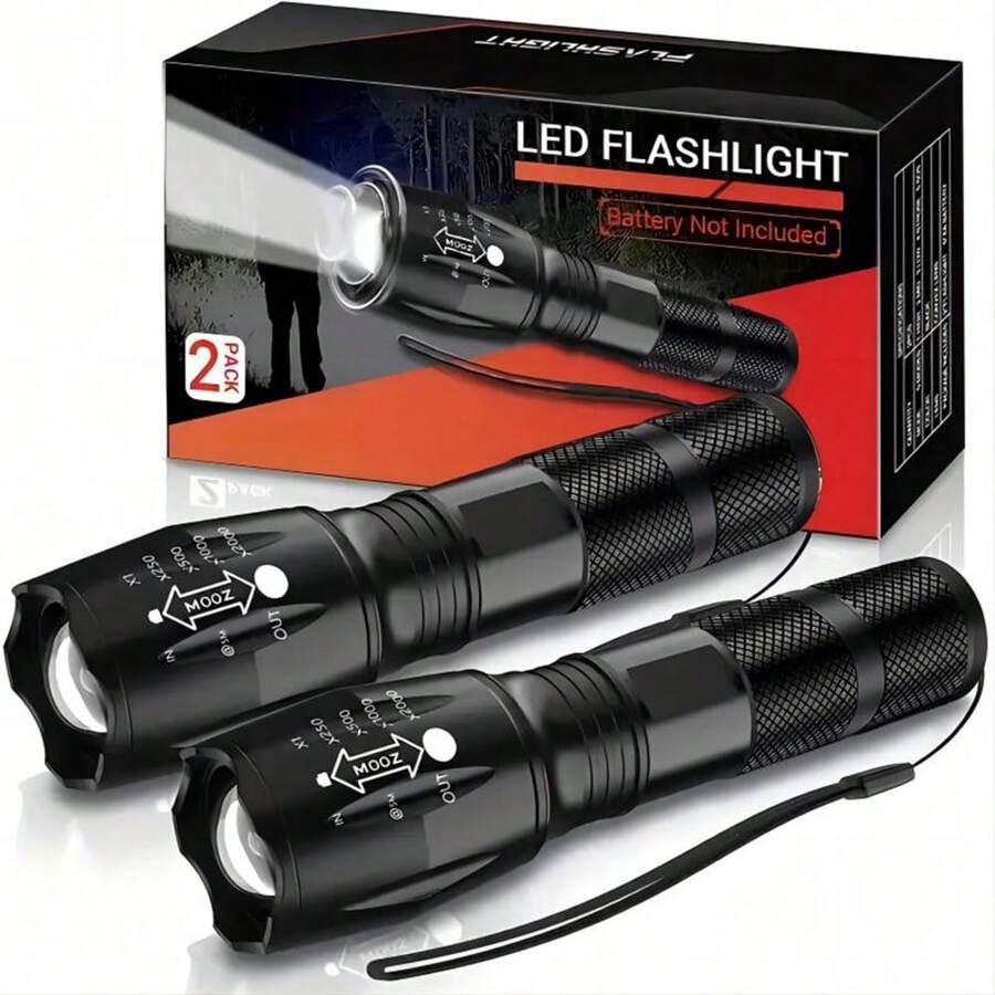 2入組LED戰術手電筒，可縮放防水，可調節亮度，配備5種模式，適用於露營、戶外徒步旅行（不含3節AAA電池）
