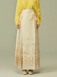 LANZEYILV Women's Retro Chinese Style Floral & Pipa Pattern Brocade Long Skirt - Beige - View 6