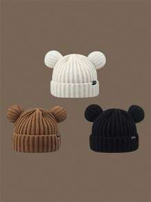 1 pezzo Berretto lavorato a maglia nero invernale unisex, cappello morbido a forma di orso, cuffia calda con protezione per le orecchie adatta per teste grandi e carina - Multicolore - Visualizzare 12