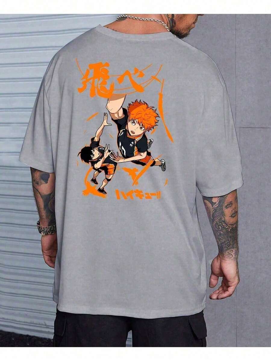 Basic T-Shirt Anime Haikyuu Serie Fly High New School Leaders Karasuno - 灰色 - 查看 1