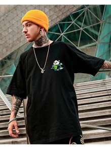 PANDA ALEGRE Basic Men's Cotton Streetwear T-Shirt - 黑色 - 查看 2