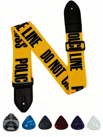 7pcs Yellow Letters Guitar Strap, 100% Soft Guitar Straps , Electric & Acoustic Guitar ,5 Guitar Picks 1 Hold Set For Electric/Acoustic Guitar,Amplifier For Guitar,Small Guitar,Gutair Strap