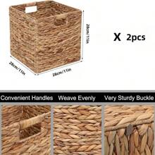 1/2pcs Foldable Handwoven Water Hyacinth Storage Baskets For Shelves, Woven Baskets For Storage, Baskets For Organizing, Wicker Storage Basket, Seagrass Storage Baskets, Organization Baskets - Natural Color - View 14