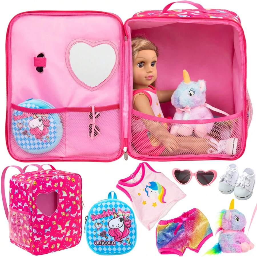 7 Pieces 18 Inch Doll Bag Strap Set Including 18 Inch Doll Clothes, Shoes, Sunglasses, Doll Backpack & Toy Unicorn (NO DOLL) - Multicolor - View 1