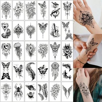 30 张黑色临时纹身贴纸 - 多种图案，包括蝴蝶、羽毛、捕梦网、翅膀、星球、蜘蛛、吉他、花卉、心形 - 适用于女性身体、手腕、锁骨的防水假纹身