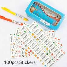 100pcs Name Stickers And 1pc Custom Name Stamp For Clothing Waterproof Solid Color Name Stamps Personalized For Students And Business Use, Custom Name Stamp For Clothing, Handwritten Signature Stamp, Name Label, DIY Customized Cartoon Self Inking Name Seal Stamp For School Student Personalized Stationery Gift Back To School