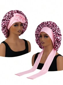 1件缎面蝴蝶结睡帽，纯色弹力，轻盈透气，适合女性和女孩，豹纹睡帽 - 粉色 - 查看 4