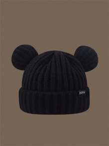 1 pezzo Berretto lavorato a maglia nero invernale unisex, cappello morbido a forma di orso, cuffia calda con protezione per le orecchie adatta per teste grandi e carina - Multicolore - Visualizzare 6
