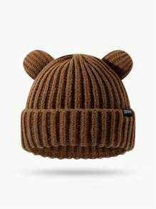 1 pezzo Berretto lavorato a maglia nero invernale unisex, cappello morbido a forma di orso, cuffia calda con protezione per le orecchie adatta per teste grandi e carina - Multicolore - Visualizzare 5