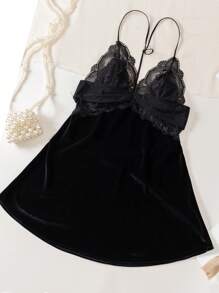 Nuevo camisón de terciopelo sexy con encaje y parche en forma de Y