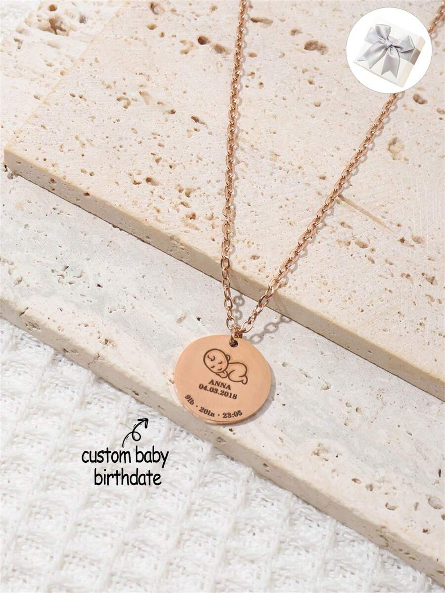 Engraved Baby Birth Information Necklace, Customized Child's Birthday Necklace, Personalized Engraved Name Necklace, Unique Gift For Mom Valentines - Rose Gold - View 1
