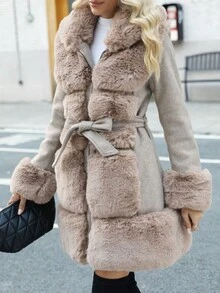 Jachetă de iarnă pentru femei Giolshon, din amestec de lână, decorată cu curea și blană artificială, la modă și versatilă, potrivită pentru aventuri în aer liber, naveta și ținute casual - Kaki - Vizualizare 5