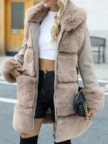 Jachetă de iarnă pentru femei Giolshon, din amestec de lână, decorată cu curea și blană artificială, la modă și versatilă, potrivită pentru aventuri în aer liber, naveta și ținute casual - Kaki - Vizualizare 1