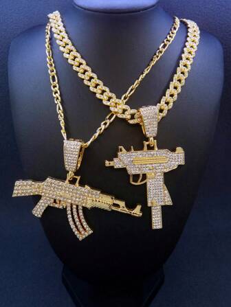 1 Piece Men's Fashion Hip Hop 14K Gold Plated AK Gun Body With Rhinestones Pendant Necklace For Daily Wear And Party Wear