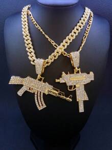 1 pezzo Collana da uomo alla moda in stile hip hop con pendente a forma di fucile AK placcato in oro 14K con strass, adatta per uso quotidiano e per feste - Dorato - Visualizzare 2