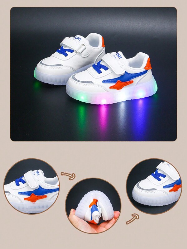 Set Of 1 Pair Blue & White Color Light-Up Kids Shoes, 1 Pair PU Kids Shoes, 1 Pair Boys Shoes, 1 Pair White Sneakers, 1 Pair Casual Shoes, 1 Pair Stylish Unisex Shoes, Insole Length 13-18.3cm, Fashionable & Versatile, All Seasons