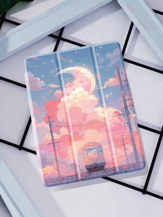 1个日落火车图案平板电脑保护套，防摔设计，带笔槽，支持睡眠/唤醒功能，兼容三星、华为、小米和iPad。