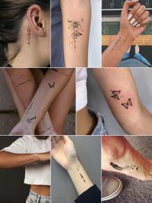 (Pack Of 30 PCS)Cute Fake Tattoo With Black Small Pattern Stickers, Stars And Moons, Butterflies, Flowers, English Phrases, Feathers And Other Pattern Designs, Waterproof And Sweatproof Easy To Use, Can Last For 2-3 Days, Looks Very Real Fake Tattoos