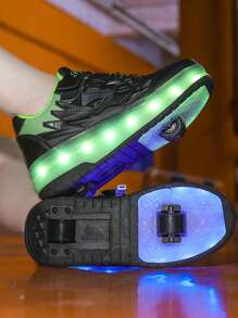 LED Light Up Roller Shoes With Double Wheels, USB Rechargeable, Outdoor Sports Skating Sneakers For Women - Black - View 1