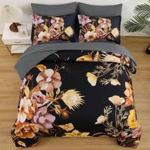 7 Pieces Purple Floral Comforter Sets Full Queen King Bed In A Bag,Elegant Flower Comforter With Sheet Set, Soft Microfiber Bedding Set For Wedding Items,Valentines Day Home Bed Room Decor,Mothers Day Gift,All Season - 金色和黑色 - 查看 4