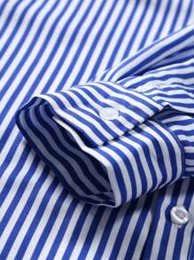 Men's Long Sleeve Striped Button-Up Shirt, Fall - Blue - View 5